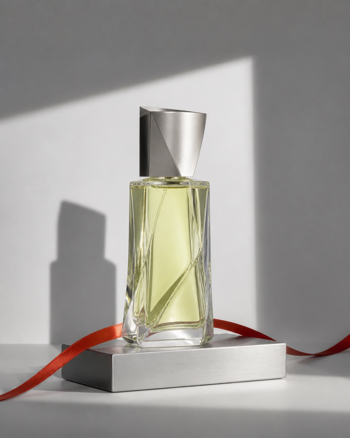 Minimal perfume campaign with a pale lime bottle and vermilion ribbon